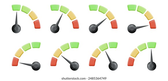 3d speedometer icon. Low, middle and high speed status. Scale score of speed, levels, meter, tachometer performance and rating. Stock vector illustration on isolated background.	
