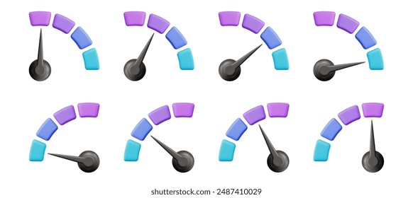 3d speedometer icon. Low, middle and high speed status. Scale score of speed, levels, meter, tachometer performance and rating. Stock vector illustration on isolated background.	
