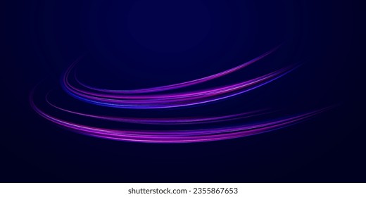 3d speedy neon background design with ultra violet and blue laser light. Concept of cyber highway, digital hyperspace or speed of light. Colorful light trails with motion effect. Vector illustration.