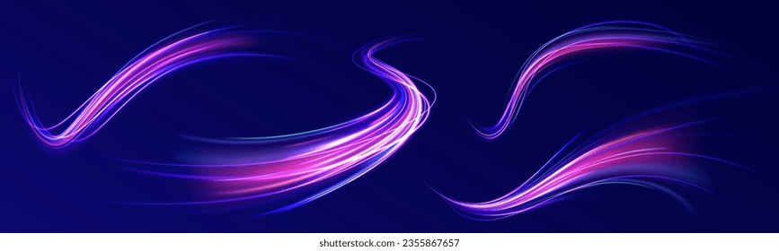 3d speedy neon background design with ultra violet and blue laser light. Concept of cyber highway, digital hyperspace or speed of light. Colorful light trails with motion effect. Vector illustration.