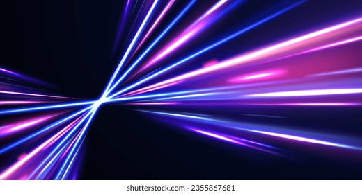 3d speedy neon background design with ultra violet and blue laser light. Concept of cyber highway, digital hyperspace or speed of light. Colorful light trails with motion effect. Vector illustration.