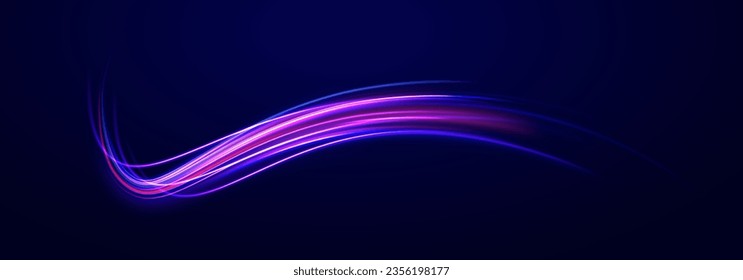 3d speedy neon background design with ultra violet and blue laser light. Concept of cyber highway, digital hyperspace or speed of light. Colorful light trails with motion effect. Vector illustration.