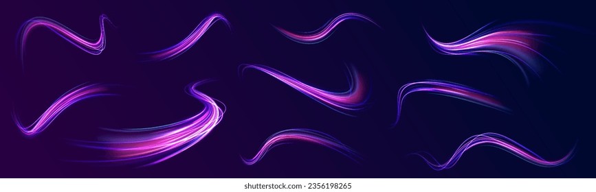 3D-schnelles Neonhintergrunddesign mit ultra-violettem und blauem Laserlicht. Konzept der Cyberautobahn, digitaler Hyperraum oder Lichtgeschwindigkeit. Farbige Lichtwege mit Bewegungseffekt. Vektorgrafik.