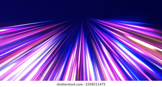 3d speedy neon background design with ultra violet and blue laser light. Concept of cyber highway, digital hyperspace or speed of light. Colorful light trails with motion effect. Vector illustration.