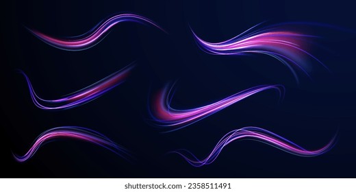 3d speedy neon background design with ultra violet and blue laser light. Concept of cyber highway, digital hyperspace or speed of light. Colorful light trails with motion effect. Vector illustration.