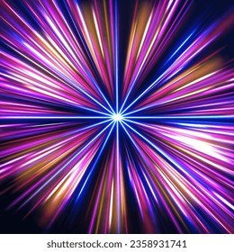 3d speedy neon background design with ultra violet and blue laser light. Concept of cyber highway, digital hyperspace or speed of light. Radial motion blur background. Long time exposure vector. 