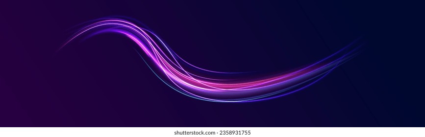 3d speedy neon background design with ultra violet and blue laser light. Concept of cyber highway, digital hyperspace or speed of light. Colorful light trails with motion effect. Vector illustration.