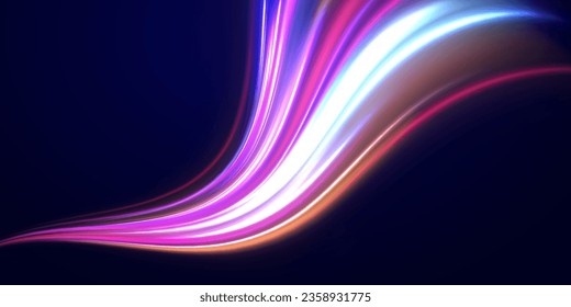 3d speedy neon background design with ultra violet and blue laser light. Concept of cyber highway, digital hyperspace or speed of light. Colorful light trails with motion effect. Vector illustration.