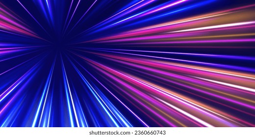 3D-schnelles Neonhintergrunddesign mit ultra-violettem und blauem Laserlicht. Konzept der Cyberautobahn, digitaler Hyperraum oder Lichtgeschwindigkeit. Radiale Bewegung, unscharfer Hintergrund. Lange Exposition, Vektor. 