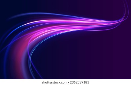 3d speedy neon background design with ultra violet and blue laser light. Concept of cyber highway, digital hyperspace or speed of light. Colorful light trails with motion effect. Vector illustration.