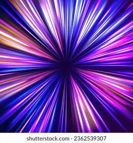 3d speedy neon background design with ultra violet and blue laser light. Concept of cyber highway, digital hyperspace or speed of light. Radial motion blur background. Long time exposure vector. 
