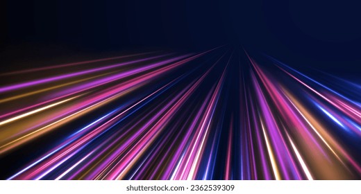 3d speedy neon background design with ultra violet and blue laser light. Concept of cyber highway, digital hyperspace or speed of light. Radial motion blur background. Long time exposure vector. 
