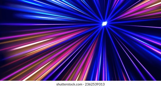 3 d diseño rápido de fondo neón con luz láser ultra violeta y azul. Concepto de ciberautopista, hiperespacio digital o velocidad de la luz. Fondo de desenfoque de movimiento radial. Vector de exposición a largo plazo. 