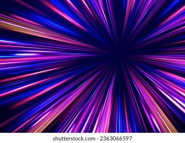 3 d diseño rápido de fondo neón con luz láser ultra violeta y azul. Concepto de ciberautopista, hiperespacio digital o velocidad de la luz. Fondo de desenfoque de movimiento radial. Vector de exposición a largo plazo. 