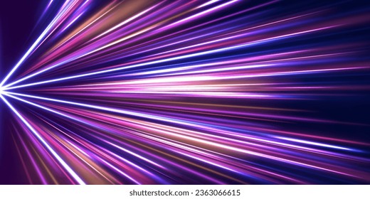 3d speedy neon background design with ultra violet and blue laser light. Concept of cyber highway, digital hyperspace or speed of light. Radial motion blur background. Long time exposure vector. 