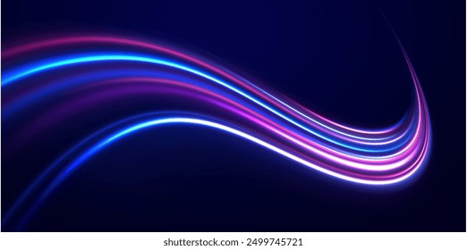 3d speedy neon light trails made with ultra violet and blue laser light. High speed effect motion blur night lights. semicircular wave, light trail curve swirl, incandescent optical fiber png vector.