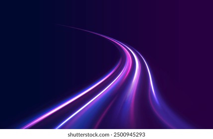 3d speedy neon light trails made with ultra violet and blue laser light. High speed effect motion blur night lights. semicircular wave, light trail curve swirl, incandescent optical fiber png vector.