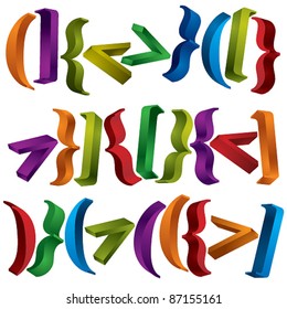 3D spelling brackets with different rotation angles and colors, vector icons set .