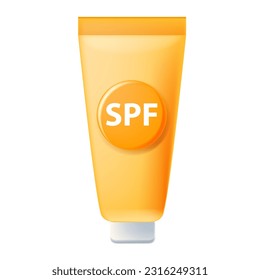 3D SPF sun cream tube icon vector summer sunscreen beauty bottle vacation face block beach cosmetics. Health medical skin lotion, suntan ultra violet shield concept, orange container. 3D SPF clipart