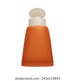 3D SPF sunblock cream bottle isolated on white background. Orange sunscreen lotion packaging design 3D realistic render. Sun safety UV lights protection, summer skin care cosmetic treatment.