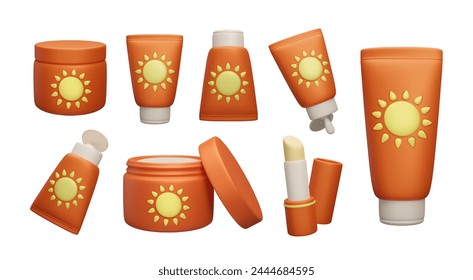 colección de los productos cosméticos de la belleza del protector solar 3D SPF. Diferentes colores naranja maquillaje de bloqueador solar: frascos de crema SPF, botellas de loción de protección UV luces, juego de renderizado de Vector de lápiz labial de seguridad solar.