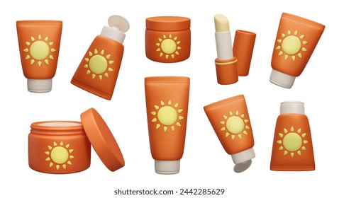 3D SPF sunscreen cosmetic product collection. Set of sun safety skincare makeup, summer UV light protection: sunblock lotion bottle, facial cream jar, sunscreen lipstick 3D vector illustration.