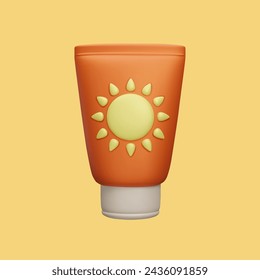 3D SPF sunscreen cream bottle isolated on yellow background. Cute cartoon style 3D summer skincare cosmetic product. Orange sunblock cream packaging design with sun label. UV lights protection.