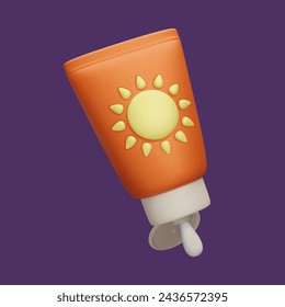 3D SPF sunscreen cream bottle vector illustration. Colorful cute cartoon style sunblock lotion bottle squeezing SPF cream. Sun safety UV lights protection cosmetic product 3D vector render.