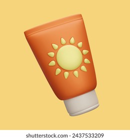 3D SPF sunscreen cream bottle vector illustration. Cute cartoon style 3D summer skincare cosmetic product advertising showcase on yellow sand. Sunblock UV protection treatment healthy suntan.