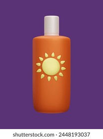 3D SPF sunscreen spray beauty cosmetic vector illustration. Orange 3D sun safety UV protection summer cosmetic treatment essential. SPF sunblock lotion spray bottle isolated.