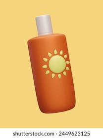 Ilustración vectorial de productos cosméticos de belleza SPF 3D. Lindo estilo de dibujos animados naranja SPF sunblock loción. Maquillaje de protección de luces UV de seguridad solar. Cuidado de la piel cosmético.