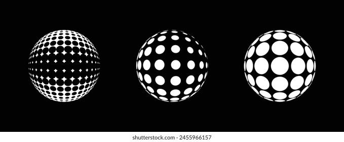 The 3D sphere abstract vector icon is depicted within a dotted halftone pattern against a black background.