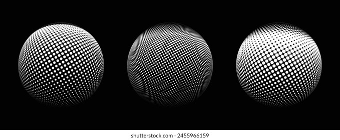 El icono de Vector abstracto de esfera 3D se representa dentro de un patrón de semitonos punteados sobre un fondo negro.