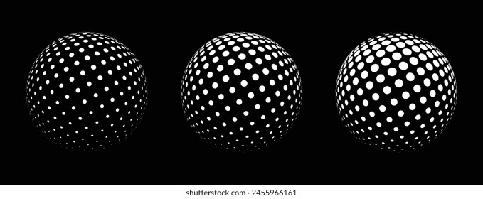 The 3D sphere abstract vector icon is depicted within a dotted halftone pattern against a black background.