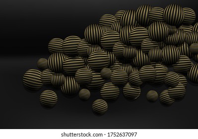 
3d sphere black in a gold strip on a dark background. Vector illustration of balls small and large. Modern trendy banner or poster design.