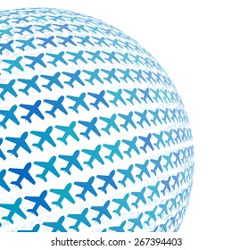 3d sphere with blue airplane pattern vector background, isolated