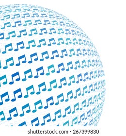 3d sphere with blue music note pattern vector background, isolated