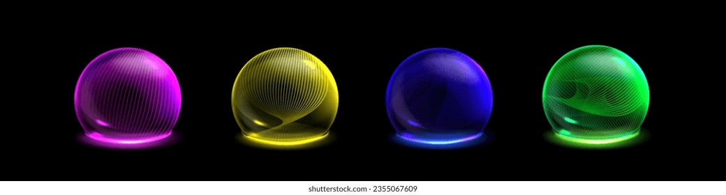 3d sphere bubble protect shield barrier effect. Glass ball dome with abstract cyber grid. Secure energy technology for magic defense. Neon blockchain round immune guard in yellow, green, pink and blue