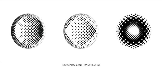 The 3D sphere with a concave and dotted pattern, set against a black background, is perfect for use in logos, banners, and icons.