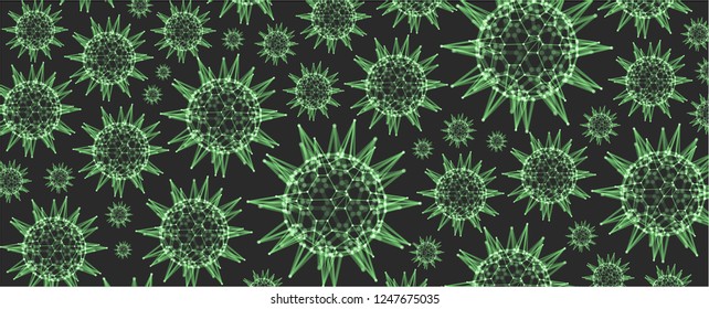 3d sphere with connected lines and dots. Microorganism cells in space. Green virus particles. Abstract vector illustration for science, medicine, education.