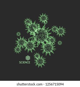 3d sphere with connected lines and dots. Microorganism cells in space. Green virus particles. Abstract vector illustration for science, medicine, education.