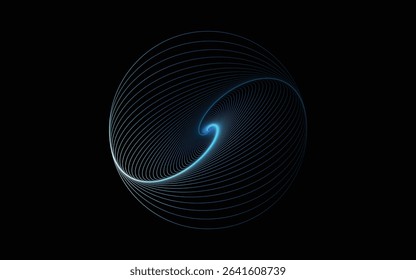 3D sphere design, elegant glowing line circle isolated on black backkground. Twisted lines. Vector ilustration
