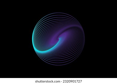 3D sphere design, elegant logo glowing circle. Abstract neon tunnel. Twisted lines. Spectrum Space tunnel in blue and purple vivid color. Vector illustration isolated on black background 