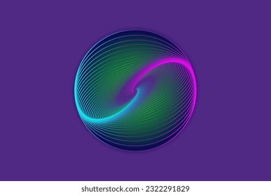 3D sphere design, elegant logo glowing circle. Abstract neon tunnel. Twisted lines. Spectrum Space tunnel in blue and pink vivid color. Vector illustration isolated on purple background 