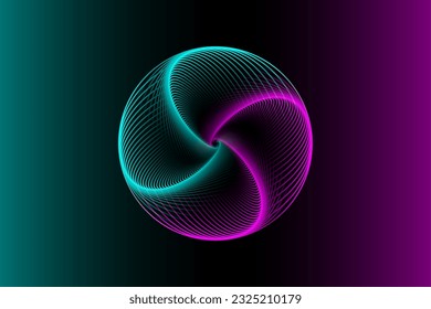 3D sphere design, elegant logo glowing circle. Abstract neon tunnel. Twisted lines. Spectrum Space tunnel in blue and pink flower vivid color. Vector illustration isolated on gradient background 