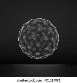 3d Sphere. Global Digital Connections. Technology Concept. Vector Illustration. Wireframe Object with Lines and Dots.