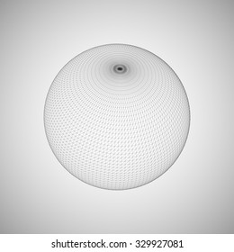 3D sphere with global line connections. Futuristic vector illustration. HUD element. Wireframe polygonal mesh shape.