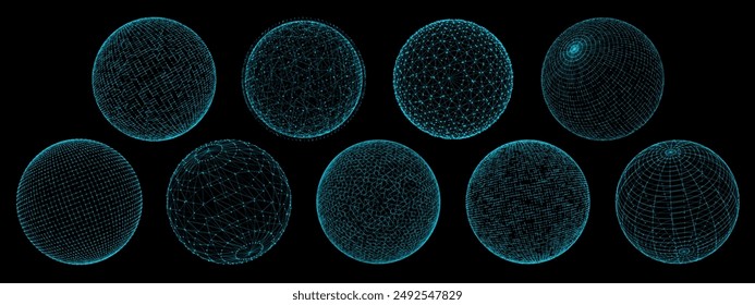 3d sphere globe, grid and wireframe. Vector line network spheres, planet globes and balls with neon blue wire frames. Retro tech mesh geometric shapes with brutal perspective grid, connecting points