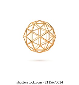 Cuadrícula de oro de esfera 3d. Balón faceteado aislado.Elemento geométrico dorado. Ilustración vectorial realista.