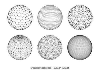 3d sphere mesh. Globe, planet with dots and lines, ball polygon grids. Futuristic technology digital structure wireframe. Abstract sci-fi vector set. Physical outline isolated models